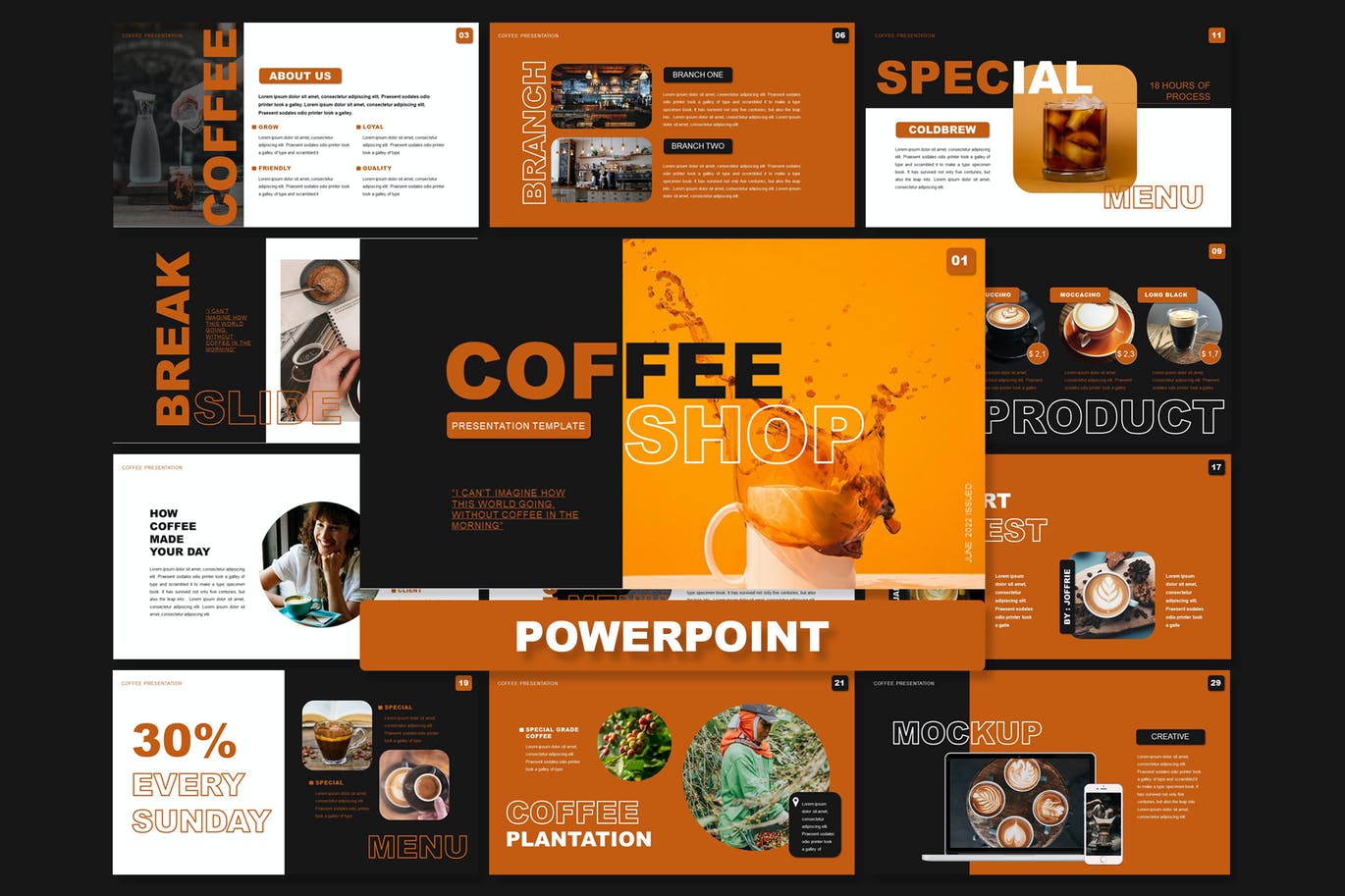 咖啡行业PPT幻灯片模板素材 Coffee Shop – Powerpoint 幻灯图表 sucaiwan.com