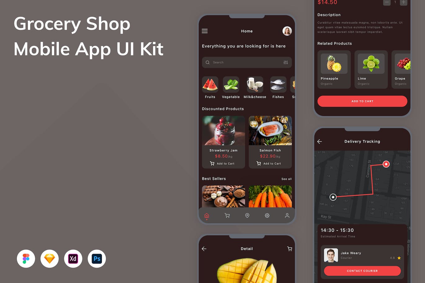 食品杂货店App应用程序UI设计模板套件 Grocery Shop Mobile App UI Kit APP UI sucaiwan.com
