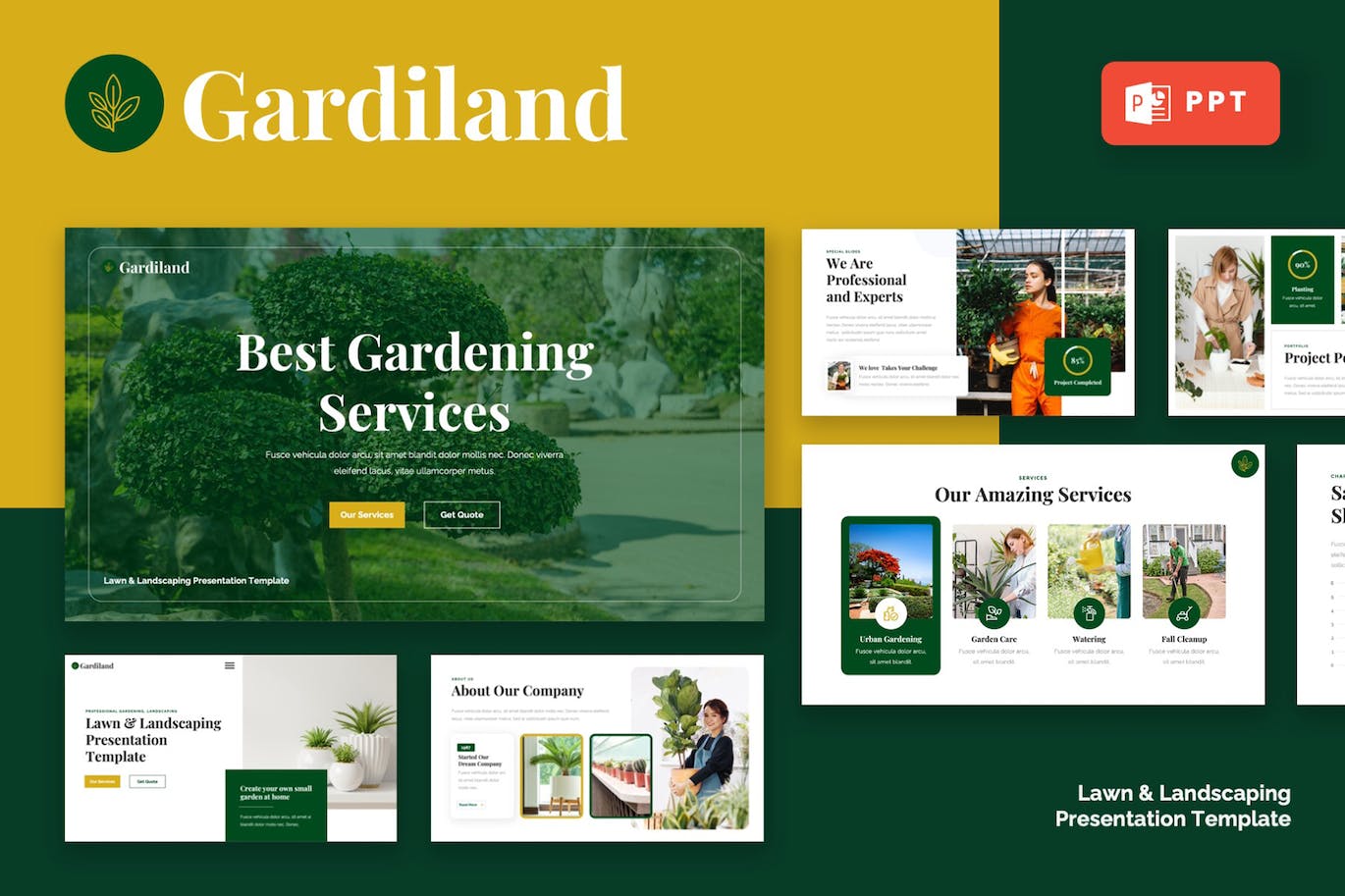 草坪和园林绿化PPT幻灯片设计模板 GARDILAND – Lawn & Landscaping Powerpoint Template 幻灯图表 sucaiwan.com