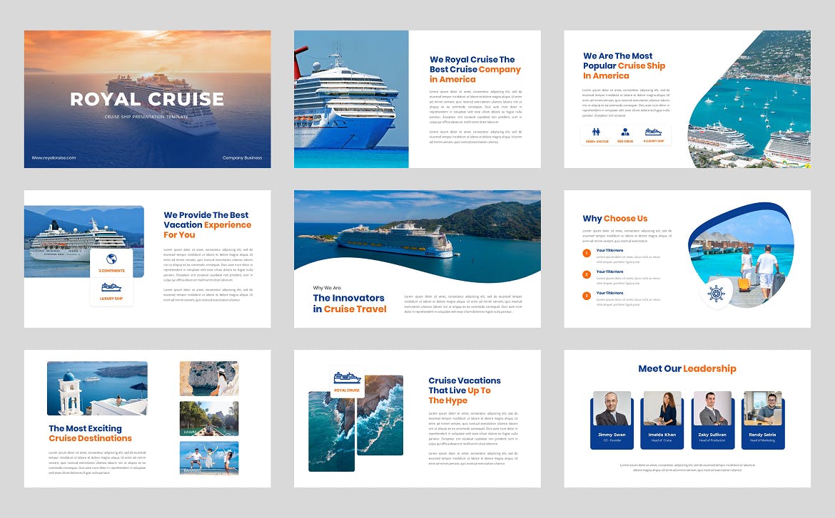 游轮航海旅行PPT模板 Royal Cruise – Cruise Ship Powerpoint Template 幻灯图表 sucaiwan.com