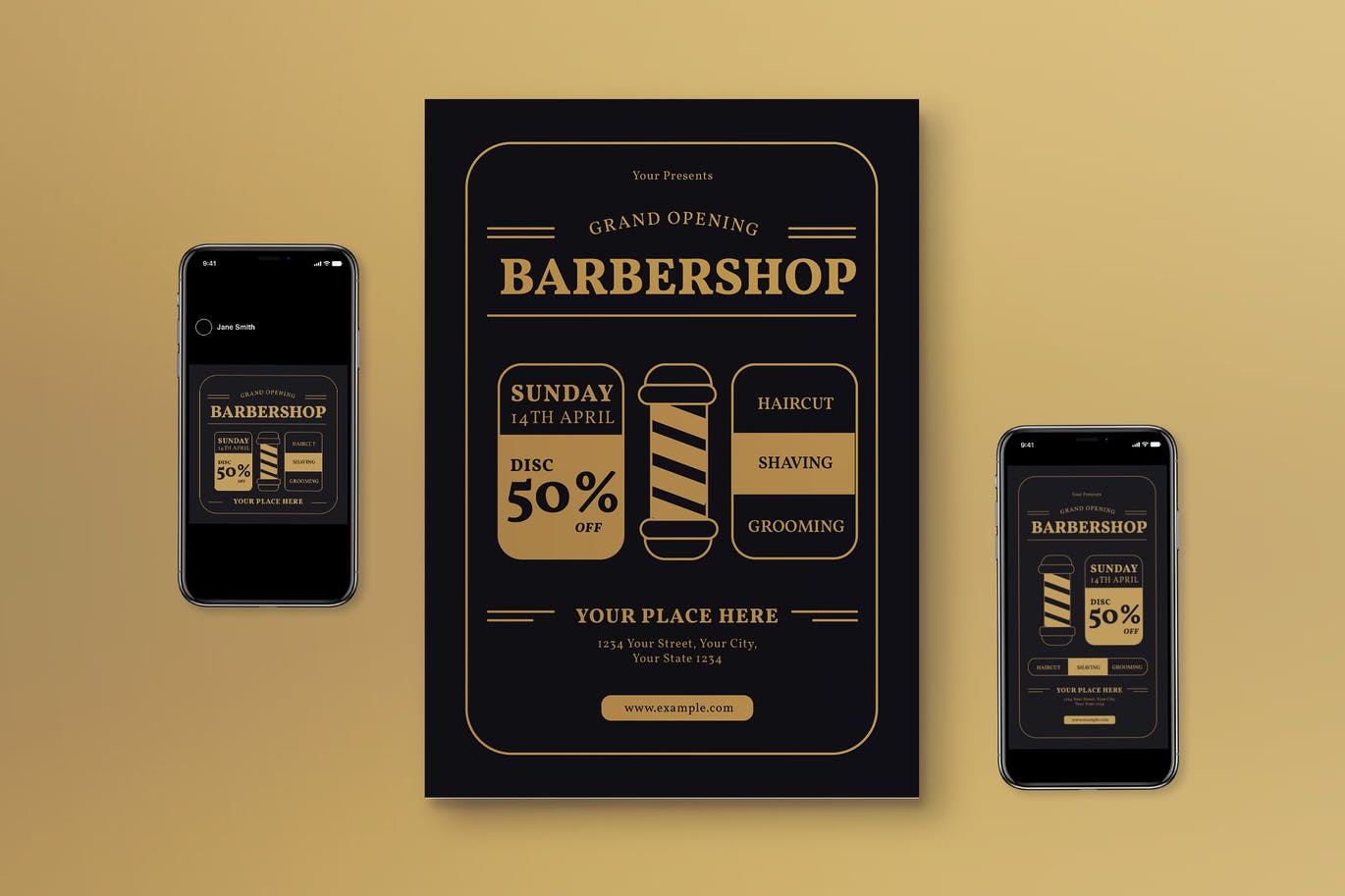 理发店盛大开业传单设计模板 Grand Opening Barbershop Flyer Shop 设计素材 sucaiwan.com