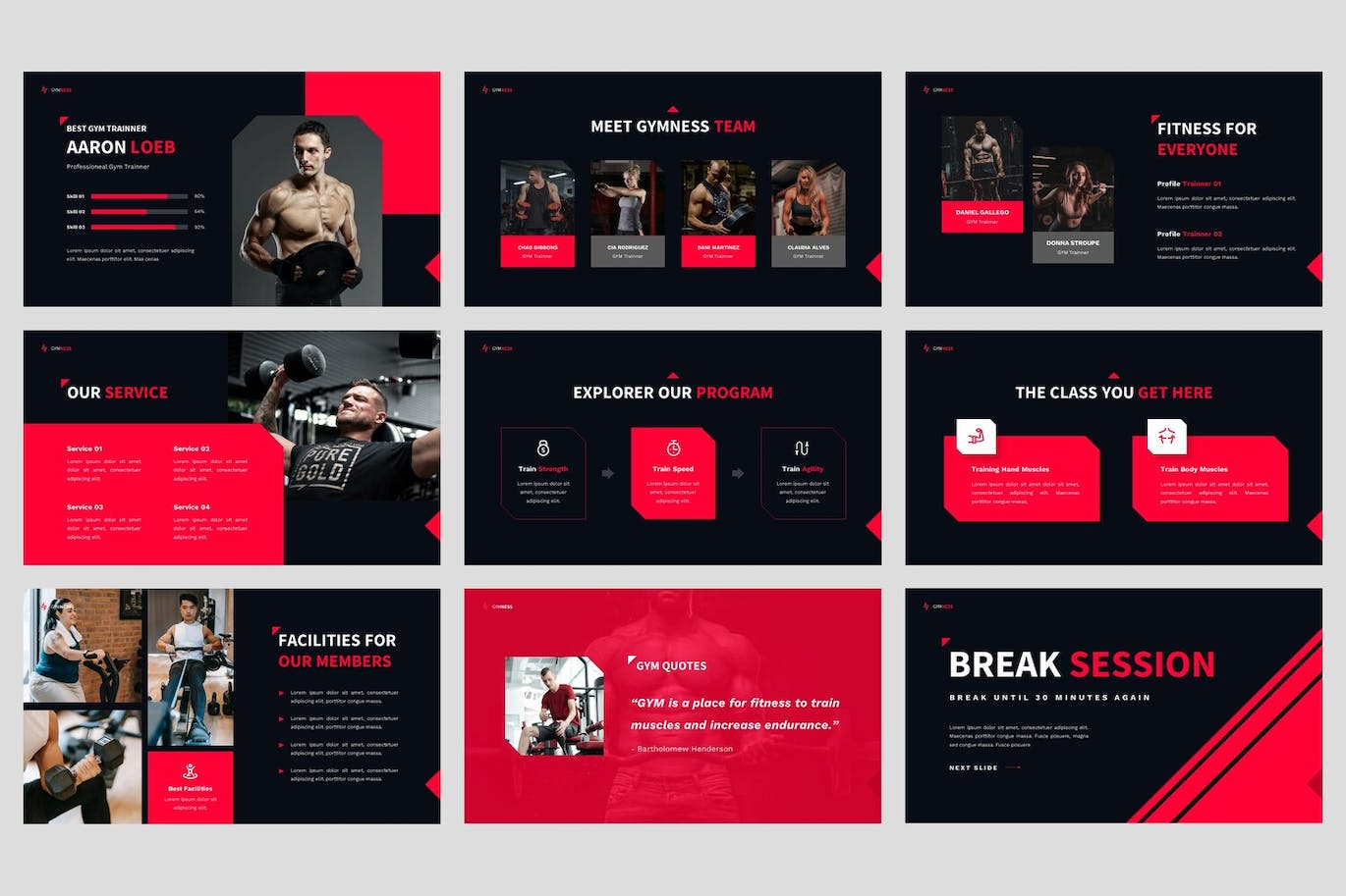 健身房和健身PPT幻灯片设计模板 Gymness – Gym & Fitness Powerpoint Template 幻灯图表 sucaiwan.com