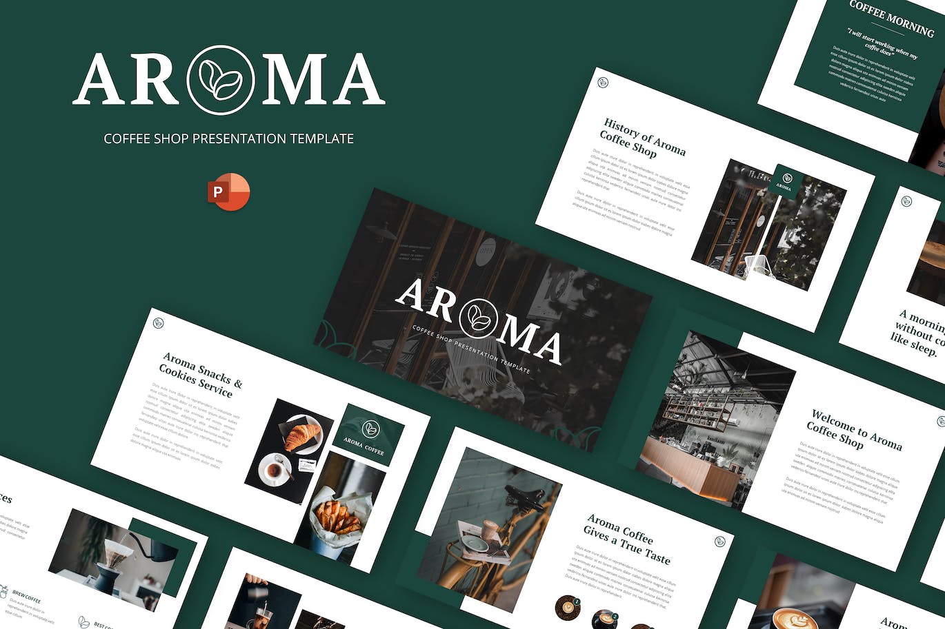 咖啡店和咖啡厅幻灯片演示PPT模板 Aroma – Coffee Shop & Cafe Powerpoint Template 幻灯图表 sucaiwan.com