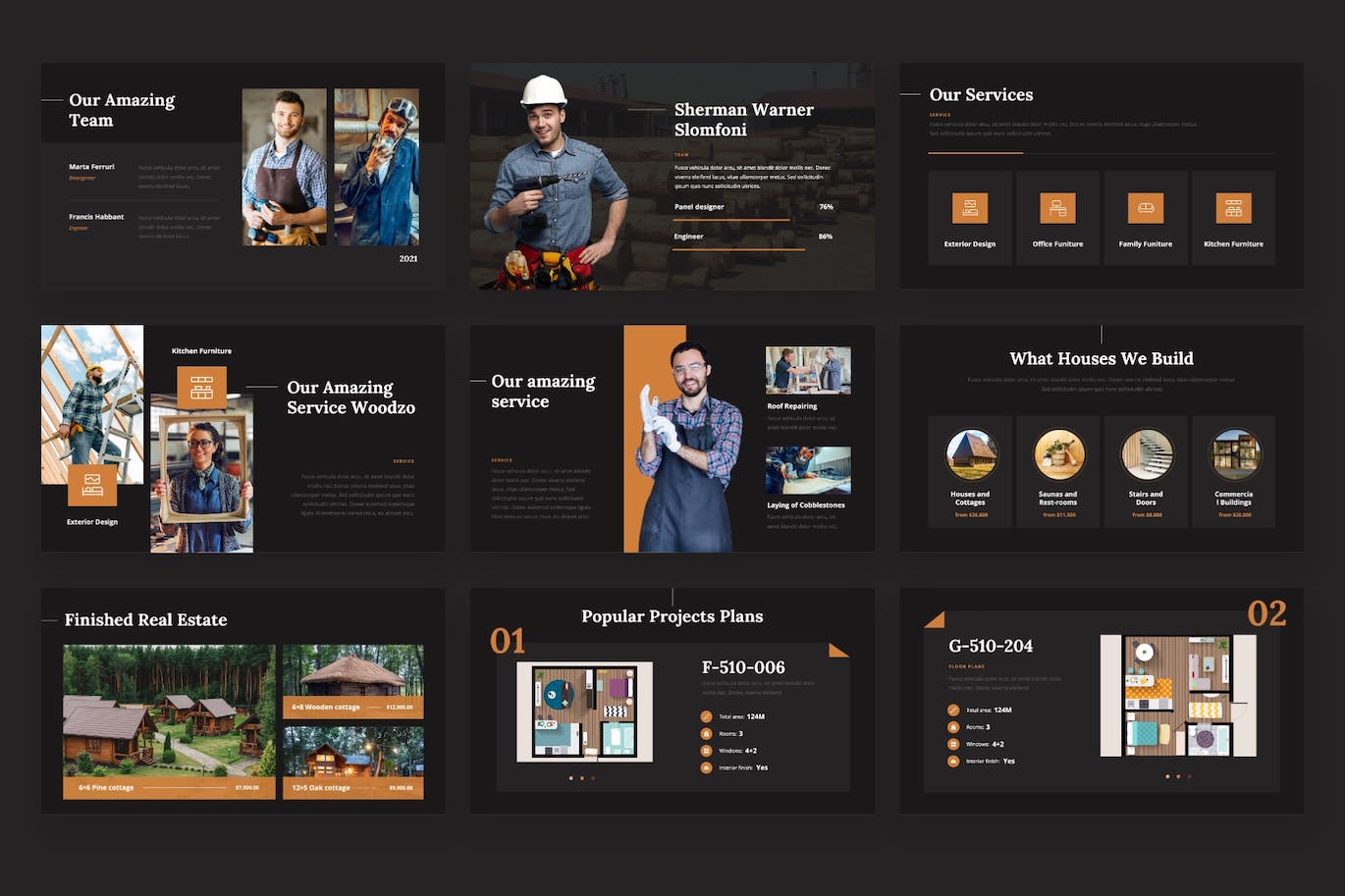 木屋房子建造PPT幻灯片模板下载 Woodzo – Wooden House Powerpoint Template 幻灯图表 sucaiwan.com