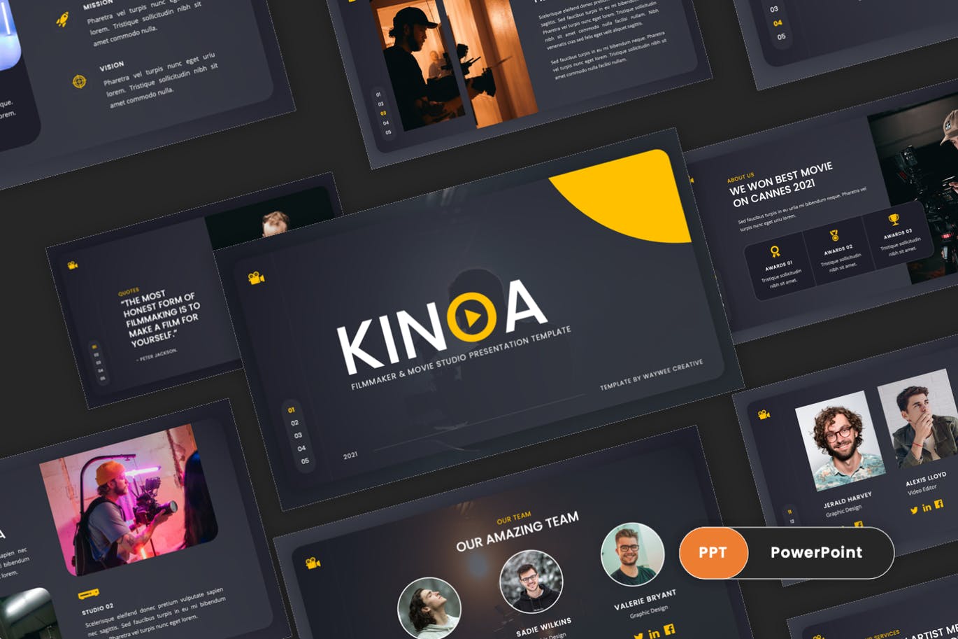 电影制作人和电影工作室PPT演示幻灯片模板 Kinoa – Film Maker & Movies Studio PowerPoint 幻灯图表 sucaiwan.com