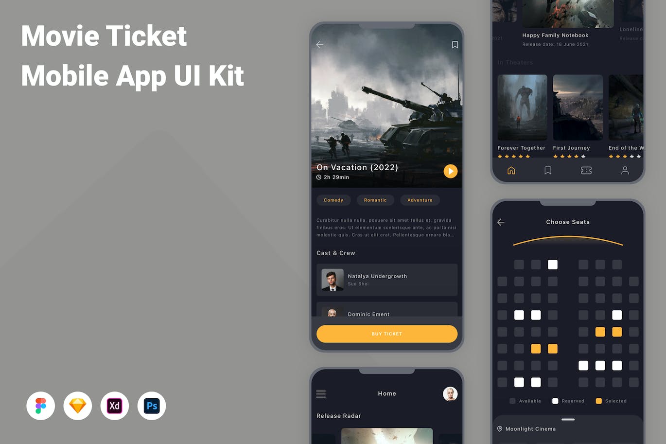 电影票App手机应用程序UI设计素材 Movie Ticket Mobile App UI Kit APP UI sucaiwan.com