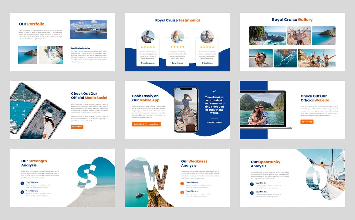 游轮航海旅行PPT模板 Royal Cruise – Cruise Ship Powerpoint Template 幻灯图表 sucaiwan.com