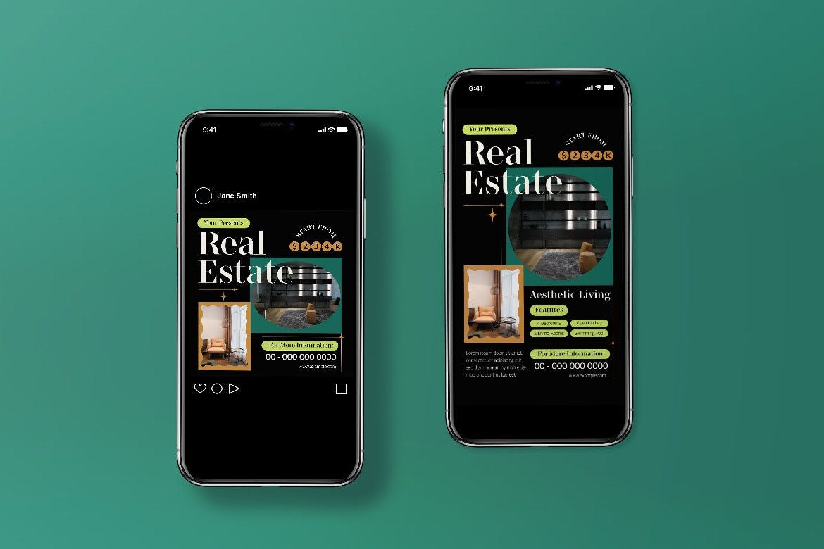 黑色极简主义房地产宣传单素材 Black Minimalist Real Estate Flyer Set 设计素材 sucaiwan.com