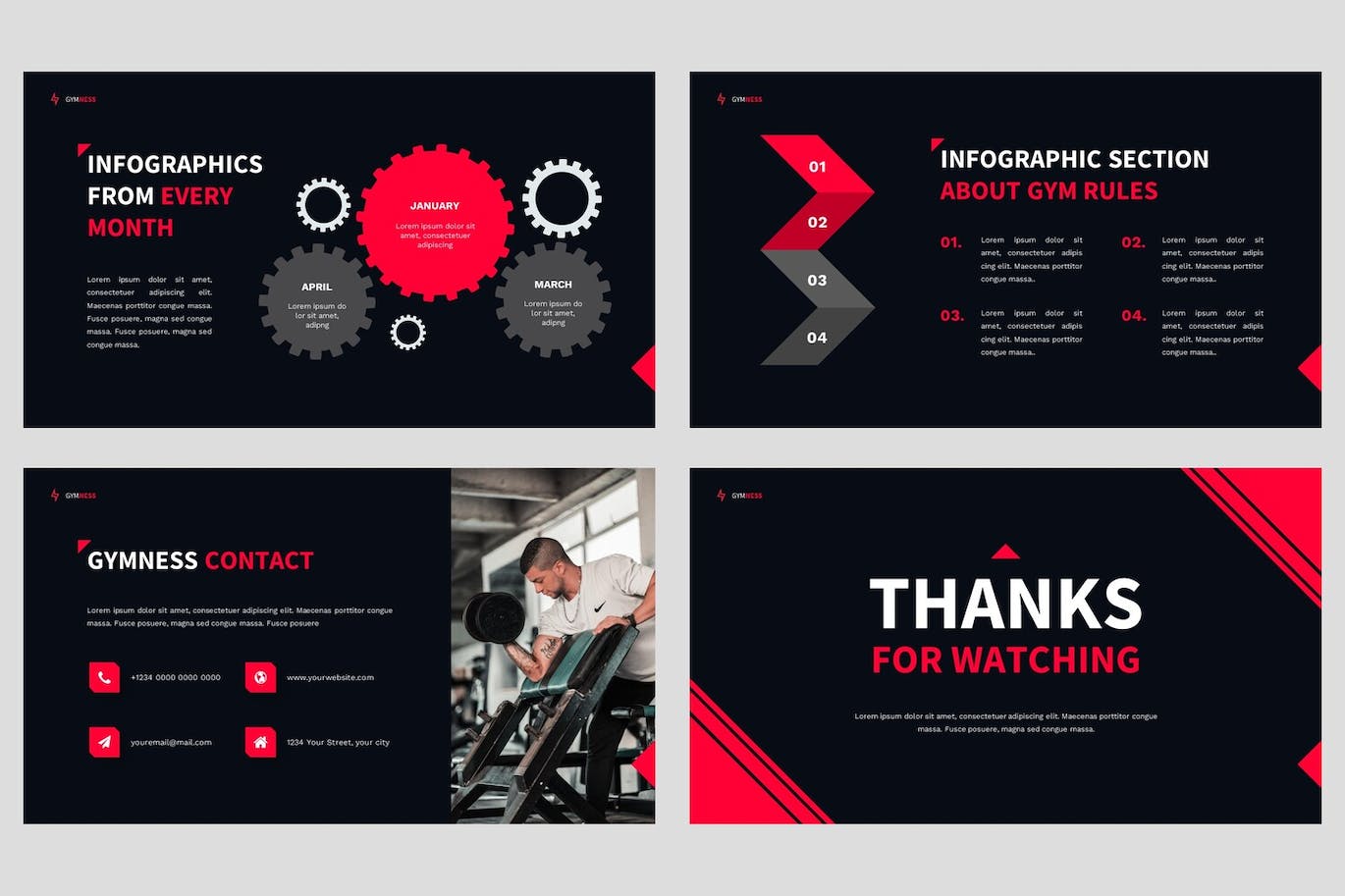 健身房和健身PPT幻灯片设计模板 Gymness – Gym & Fitness Powerpoint Template 幻灯图表 sucaiwan.com