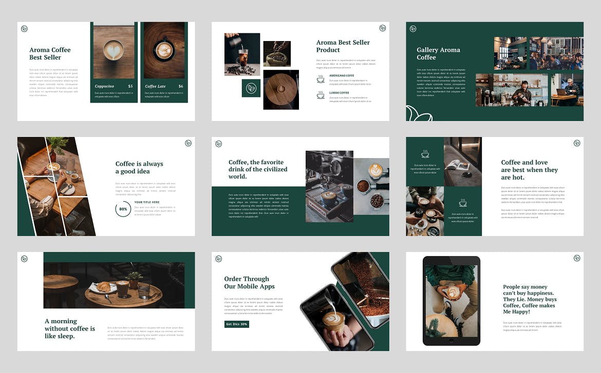咖啡店和咖啡厅幻灯片演示PPT模板 Aroma – Coffee Shop & Cafe Powerpoint Template 幻灯图表 sucaiwan.com