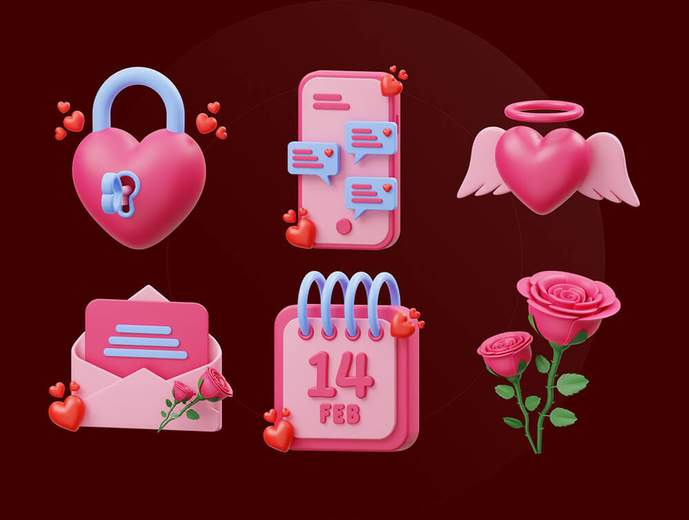 情人节3D插画图标 图标素材 sucaiwan.com