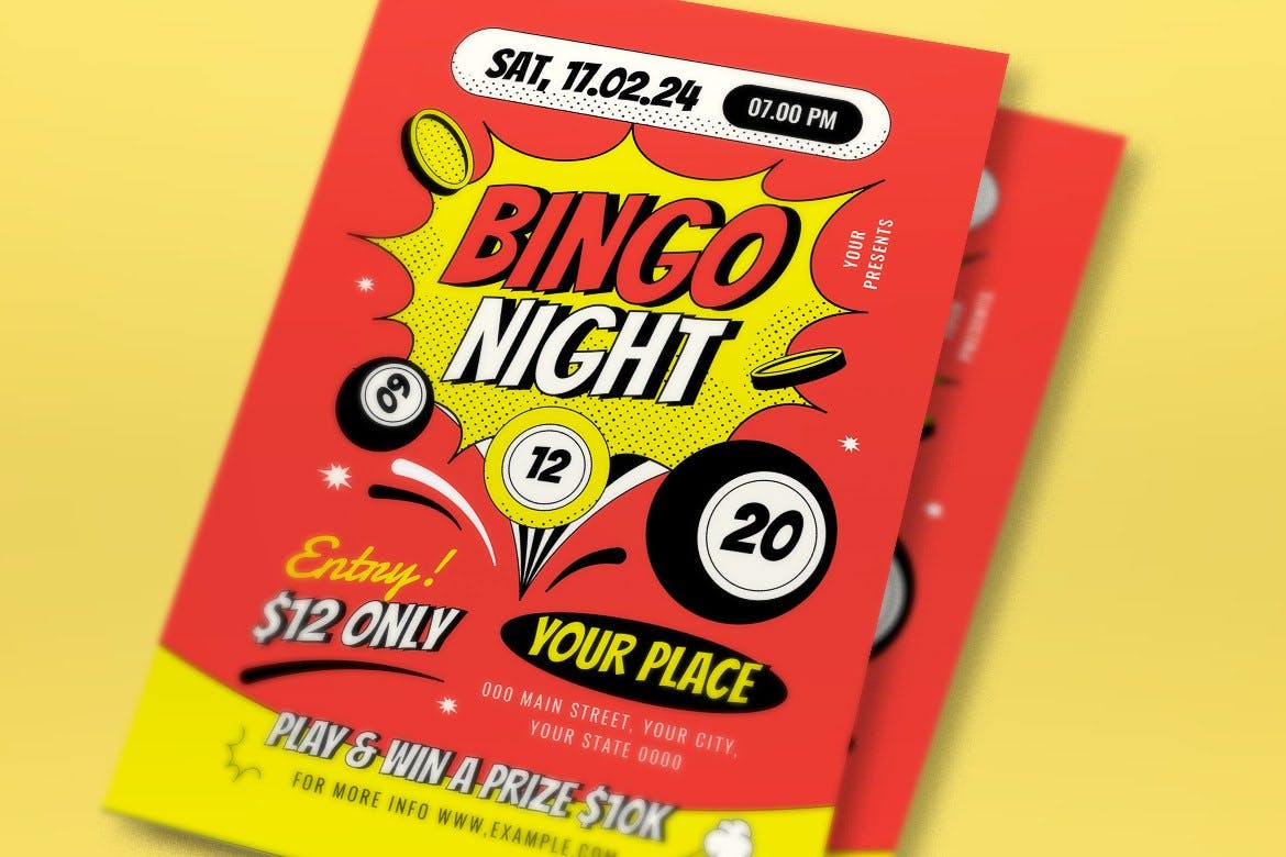 红色波普艺术宾果之夜海报设计模板 Red Pop Art Bingo Night Flyer Set 设计素材 sucaiwan.com