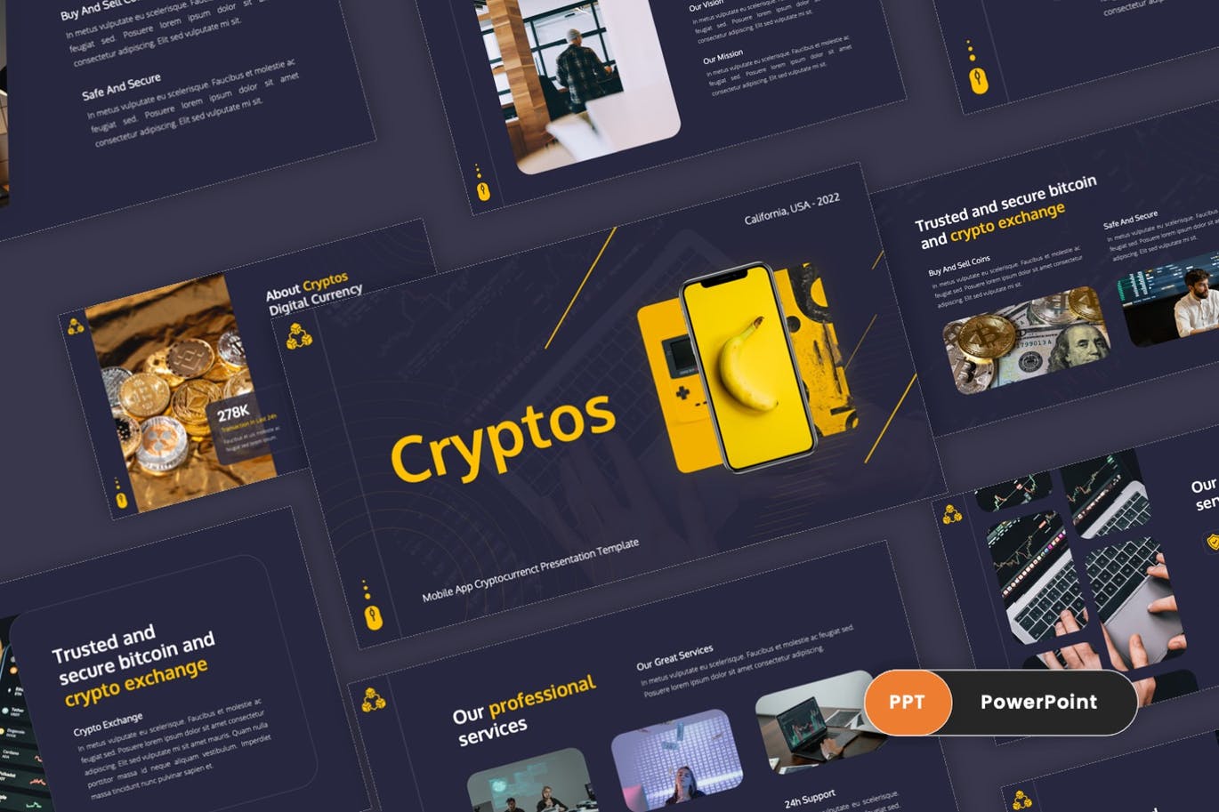 金融数字加密货币PPT模板下载 Cryptos – Cryptocurrency PowerPoint Template 幻灯图表 sucaiwan.com