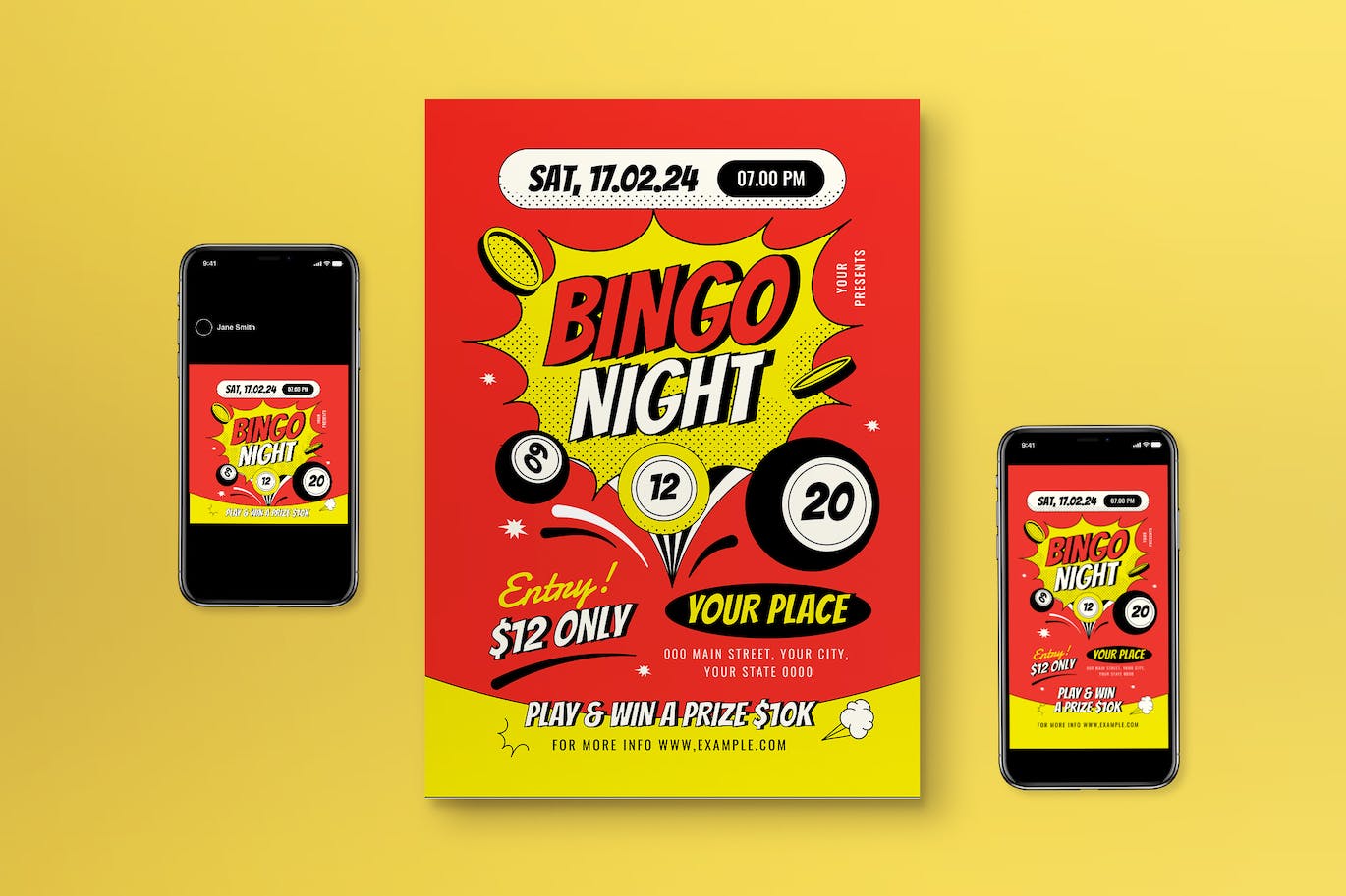 红色波普艺术宾果之夜海报设计模板 Red Pop Art Bingo Night Flyer Set 设计素材 sucaiwan.com