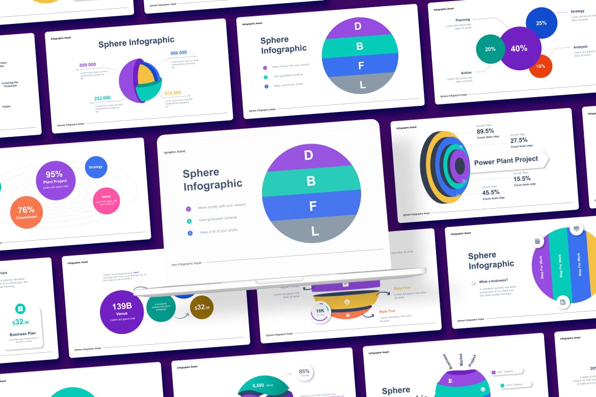 球体形状信息图表矢量模板 Sphere Infographic Asset Illustrator 幻灯图表 sucaiwan.com