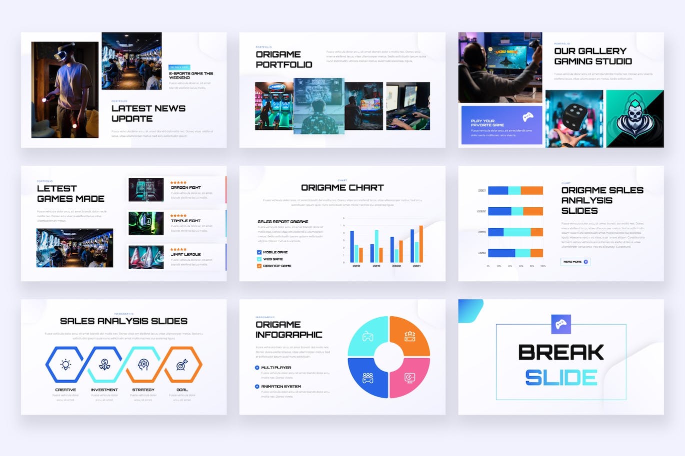 游戏制作工作室PPT模板下载 ORIGAME – Gaming Studio Powerpoint Template 幻灯图表 sucaiwan.com