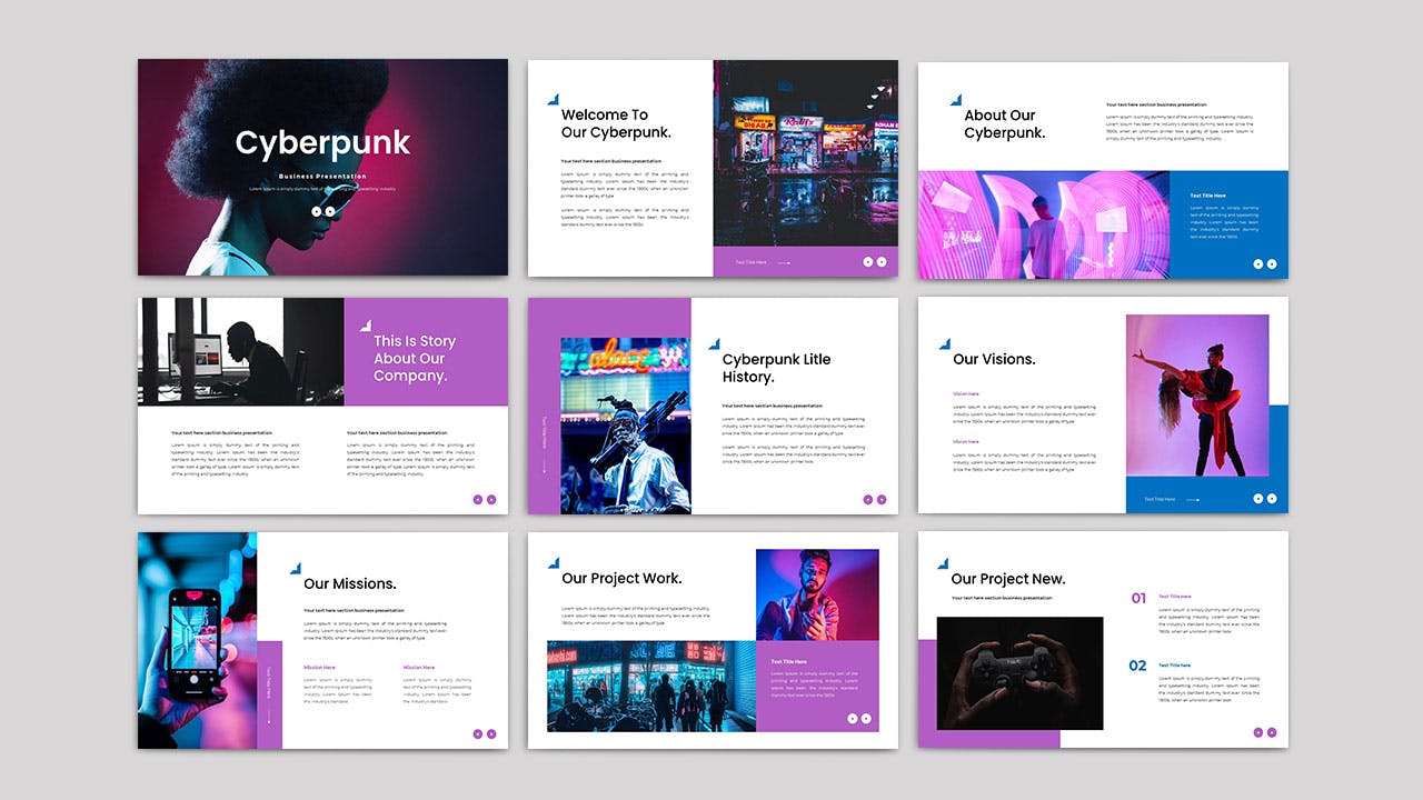 赛博朋克PPT创意模板 CYBERPUNK – Pastel Powerpoint Template 幻灯图表 sucaiwan.com