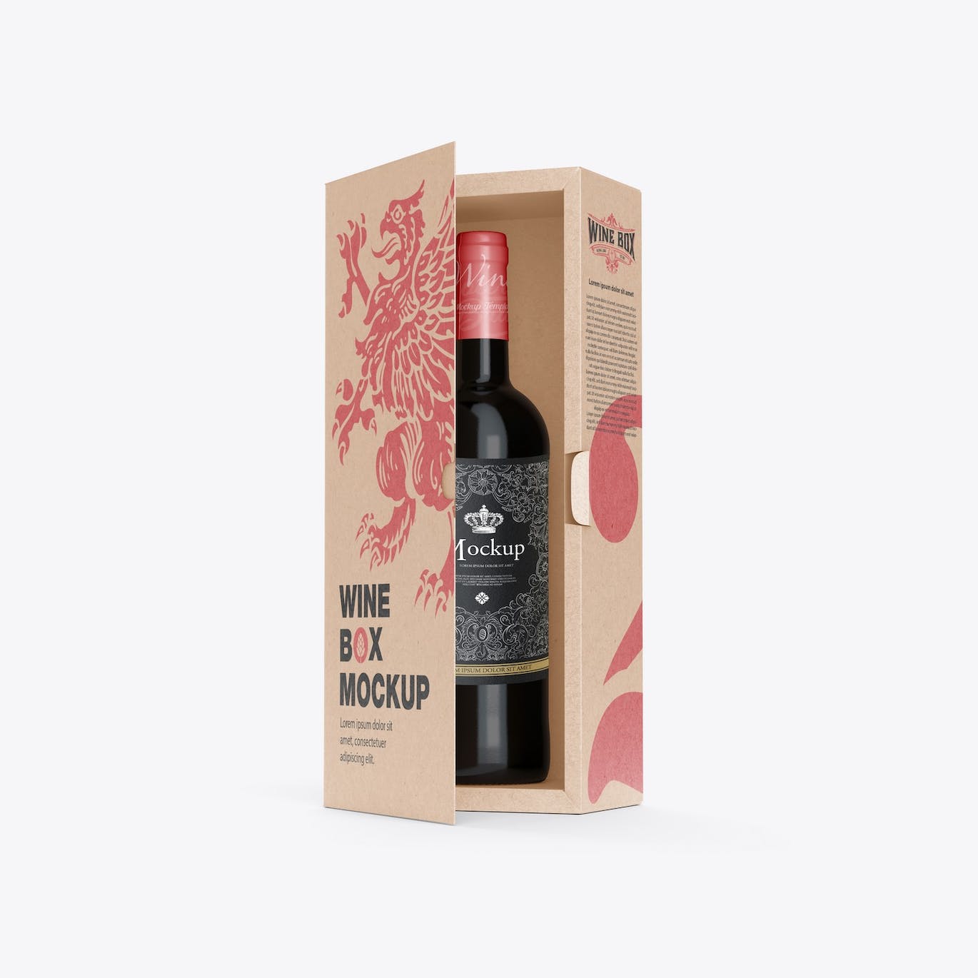 红酒酒瓶纸礼盒品牌包装设计样机 Box with Wine Bottle Mockup 样机素材 sucaiwan.com