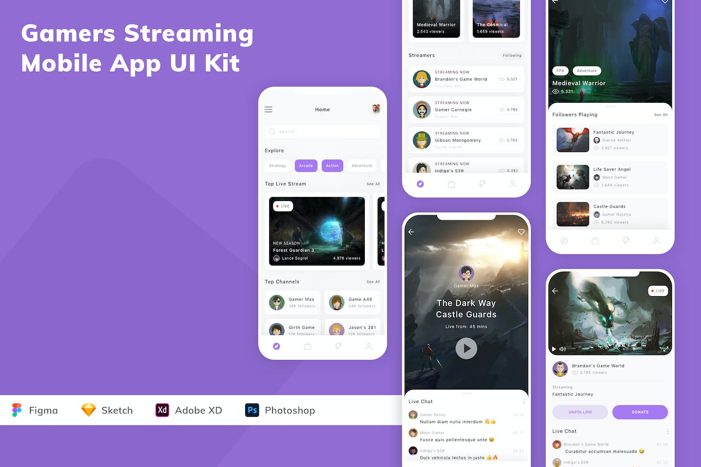 游戏玩家流媒体App应用程序UI设计模板套件 Gamers Streaming Mobile App UI Kit APP UI sucaiwan.com