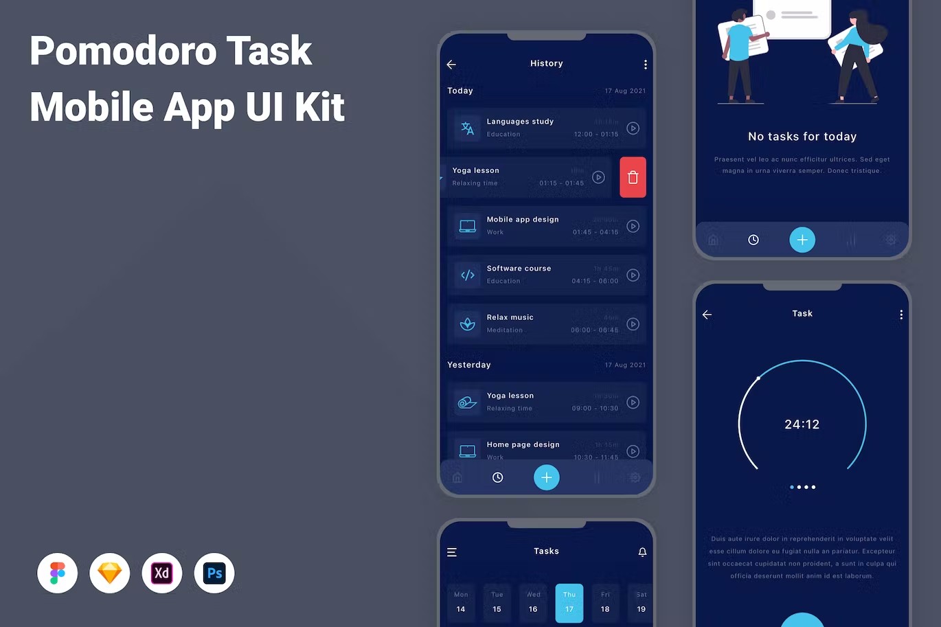 任务日程App应用程序UI设计模板套件 Pomodoro Task Mobile App UI Kit APP UI sucaiwan.com
