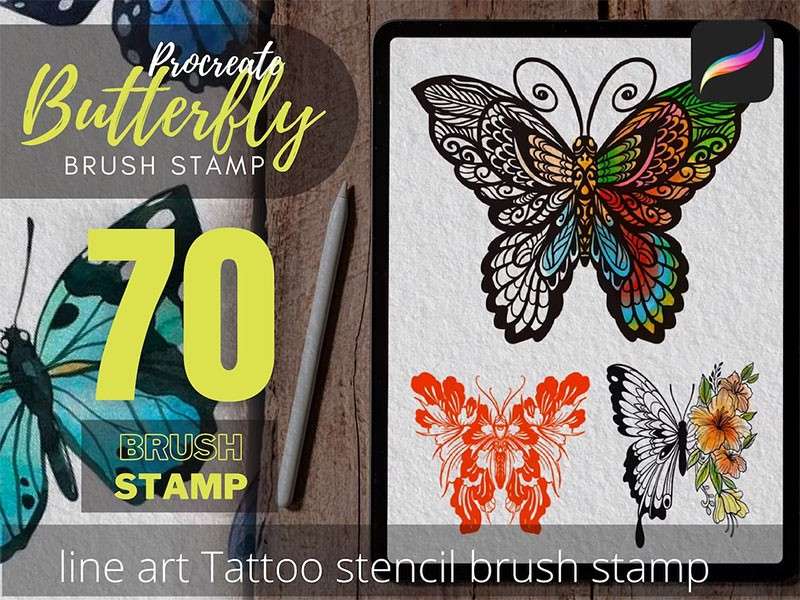 70个蝴蝶纹身线描画Procreate笔刷 笔刷资源 sucaiwan.com