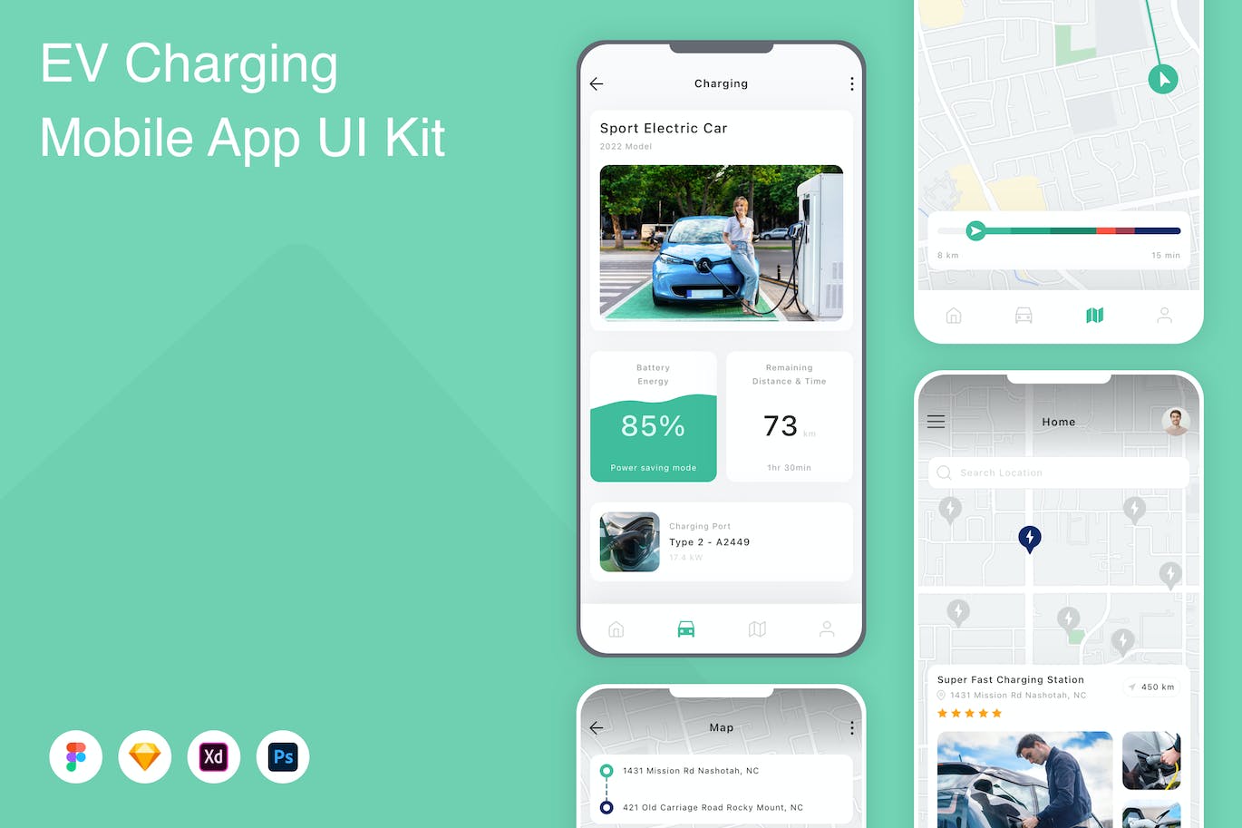 汽车充电桩App应用程序UI设计模板套件 EV Charging Mobile App UI Kit APP UI sucaiwan.com