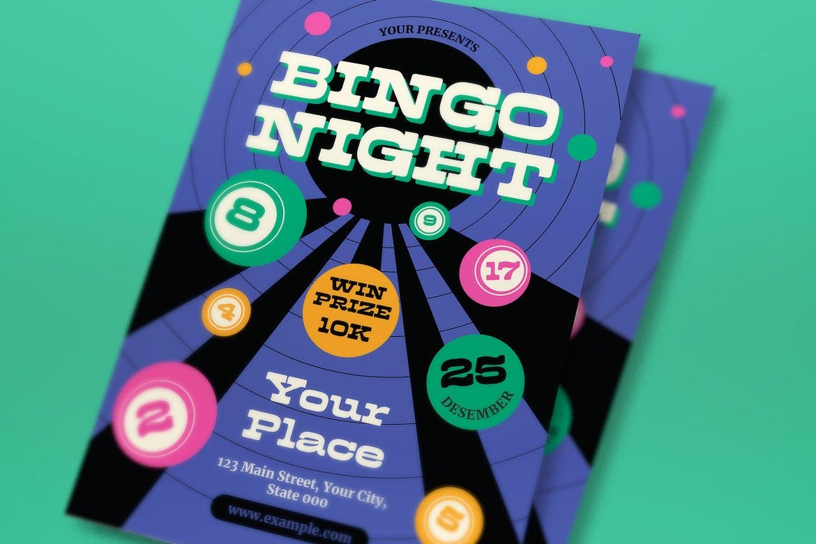 紫色现代宾果之夜宣传单模板 Violet Modern Bingo Night Flyer Set 设计素材 sucaiwan.com