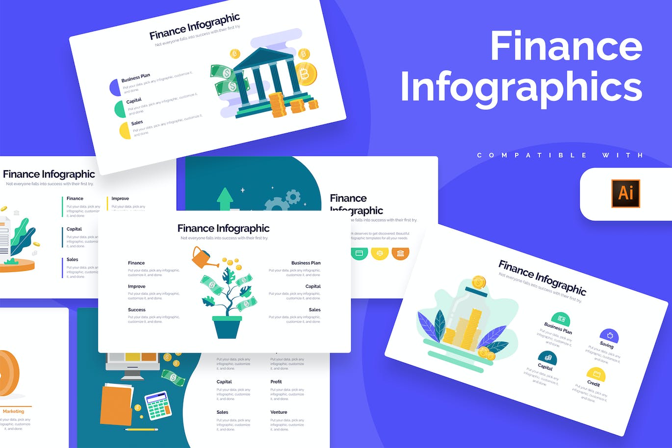 金融业务发展信息图表设计AI矢量模板 Business Finance Illustrator Infographics 幻灯图表 sucaiwan.com