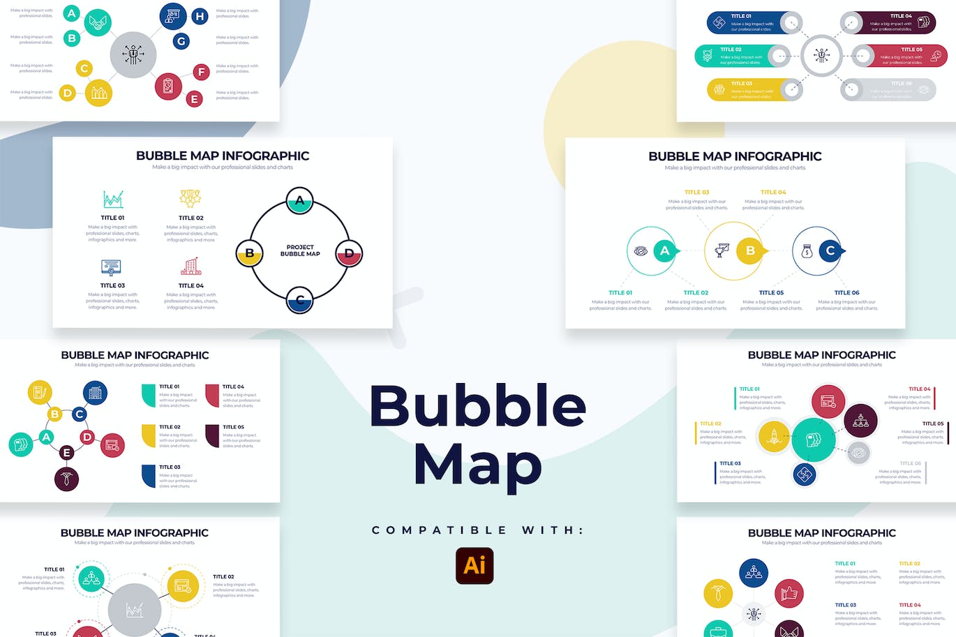 气泡图形信息图表设计AI矢量模板 Business Bubble Map Illustrator Infographics 幻灯图表 sucaiwan.com