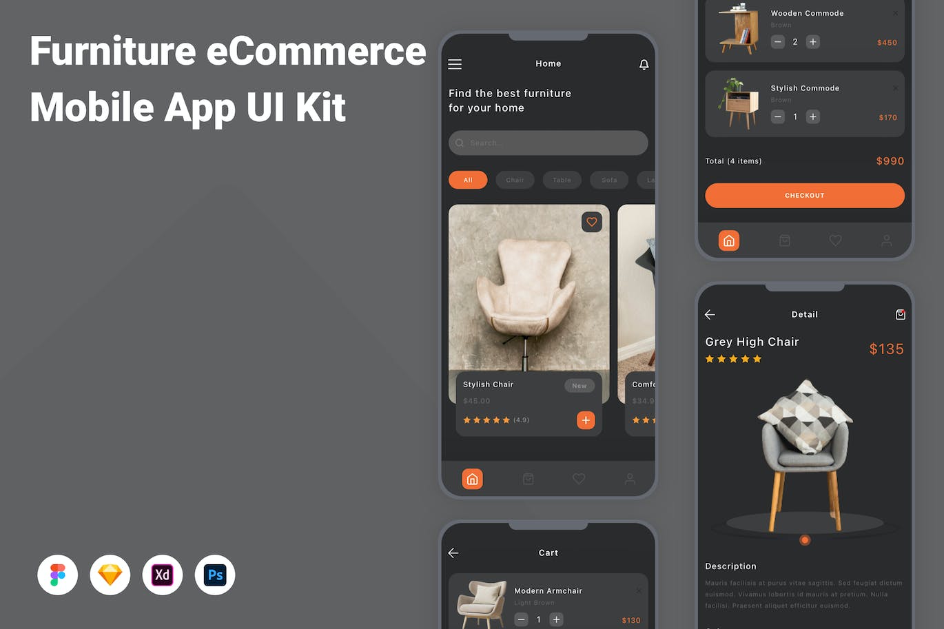 家具电子商务App应用程序UI设计模板套件 Furniture eCommerce Mobile App UI Kit APP UI sucaiwan.com