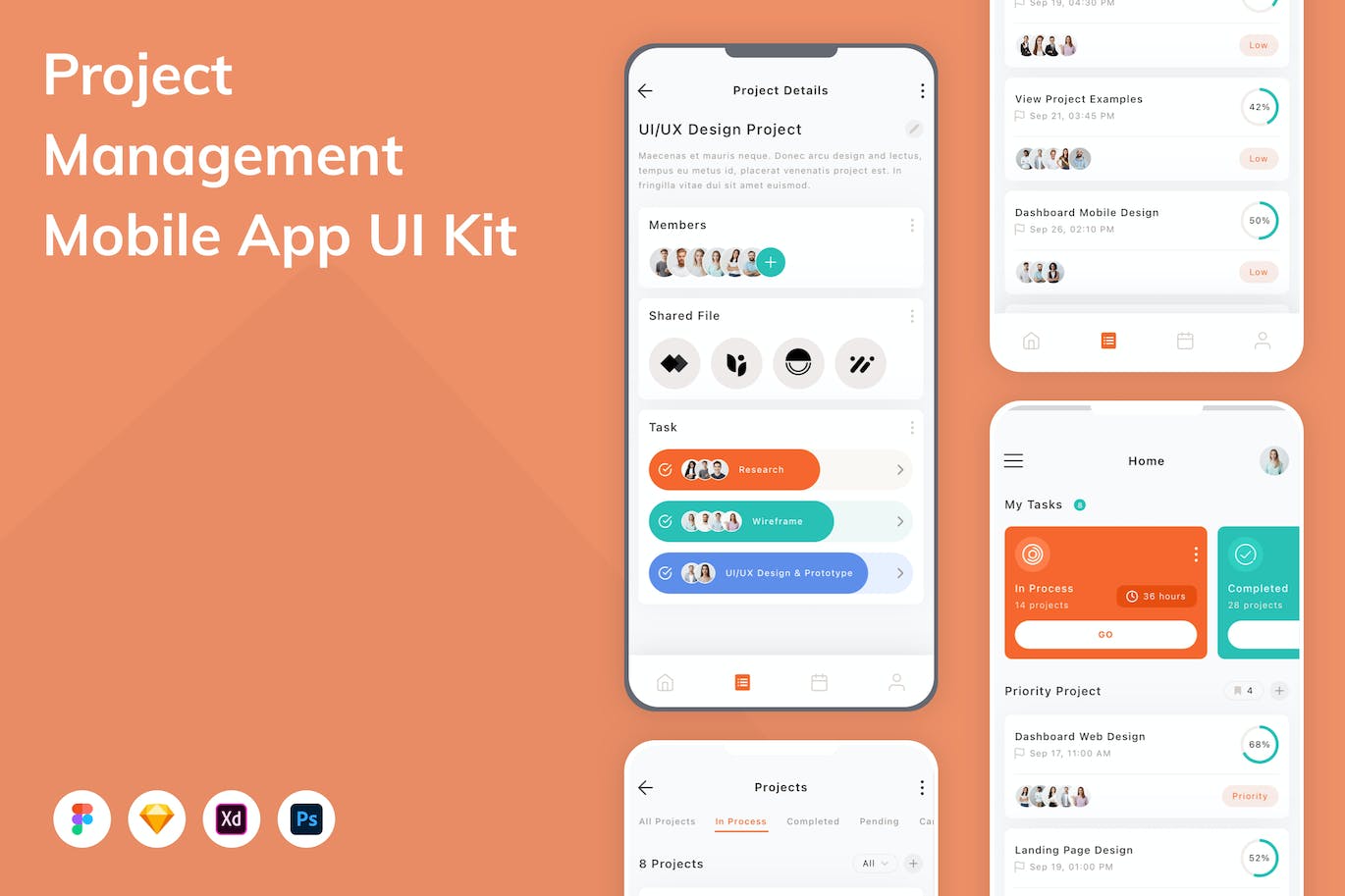 项目管理应用程序App界面设计UI套件 Project Management Mobile App UI Kit APP UI sucaiwan.com