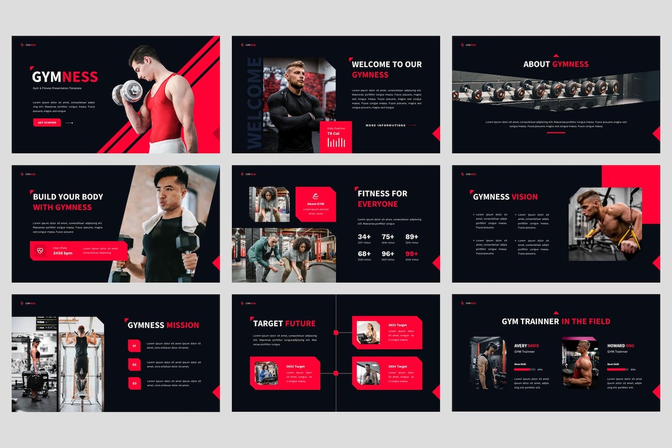 健身房和健身PPT幻灯片设计模板 Gymness – Gym & Fitness Powerpoint Template 幻灯图表 sucaiwan.com