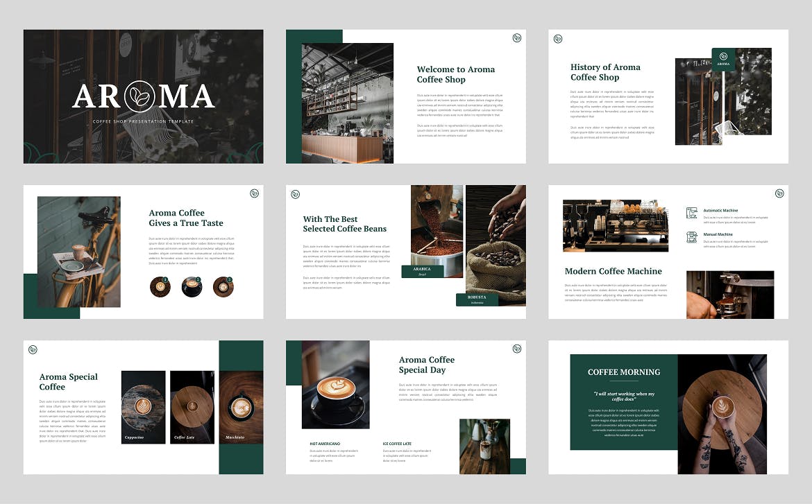 咖啡店和咖啡厅幻灯片演示PPT模板 Aroma – Coffee Shop & Cafe Powerpoint Template 幻灯图表 sucaiwan.com