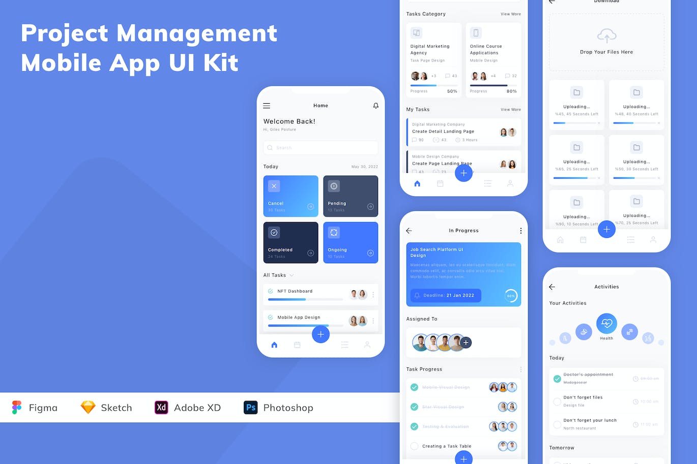 项目管理App应用程序UI设计模板套件 Project Management Mobile App UI Kit APP UI sucaiwan.com