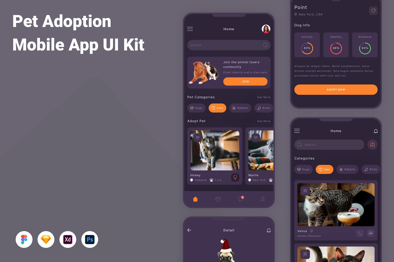 宠物领养App应用程序UI设计模板套件 Pet Adoption Mobile App UI Kit APP UI sucaiwan.com