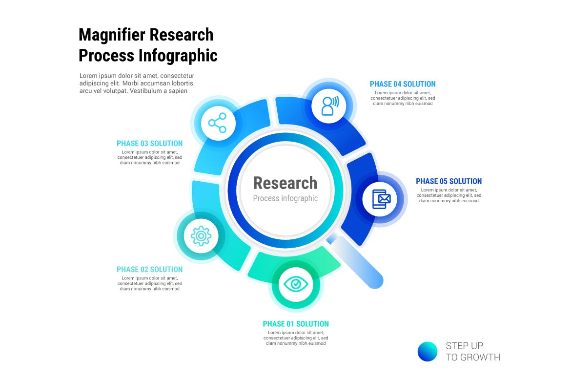 放大镜图形信息图表矢量模板 Magnifier Research Process Infographic 幻灯图表 sucaiwan.com