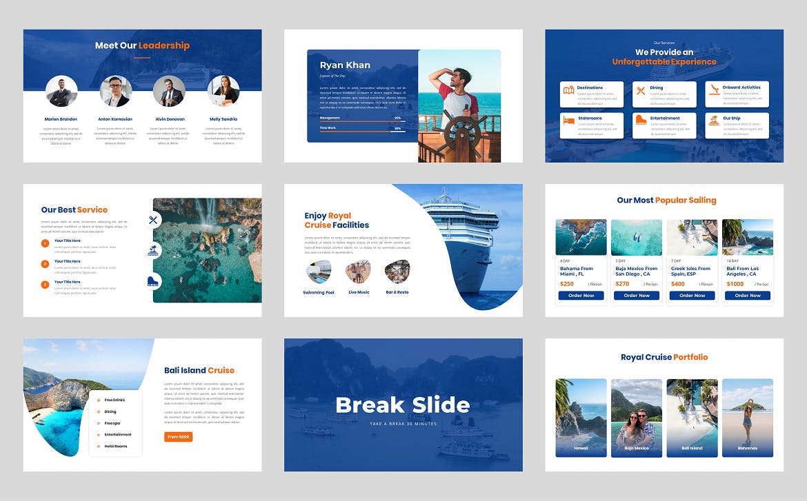 游轮航海旅行PPT模板 Royal Cruise – Cruise Ship Powerpoint Template 幻灯图表 sucaiwan.com