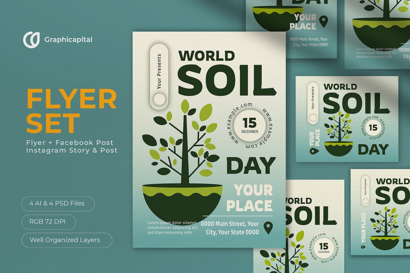 蓝色梯度渐变世界土壤日传单海报设计 Blue Gradient World Soil Day Flyer Set 设计素材 sucaiwan.com