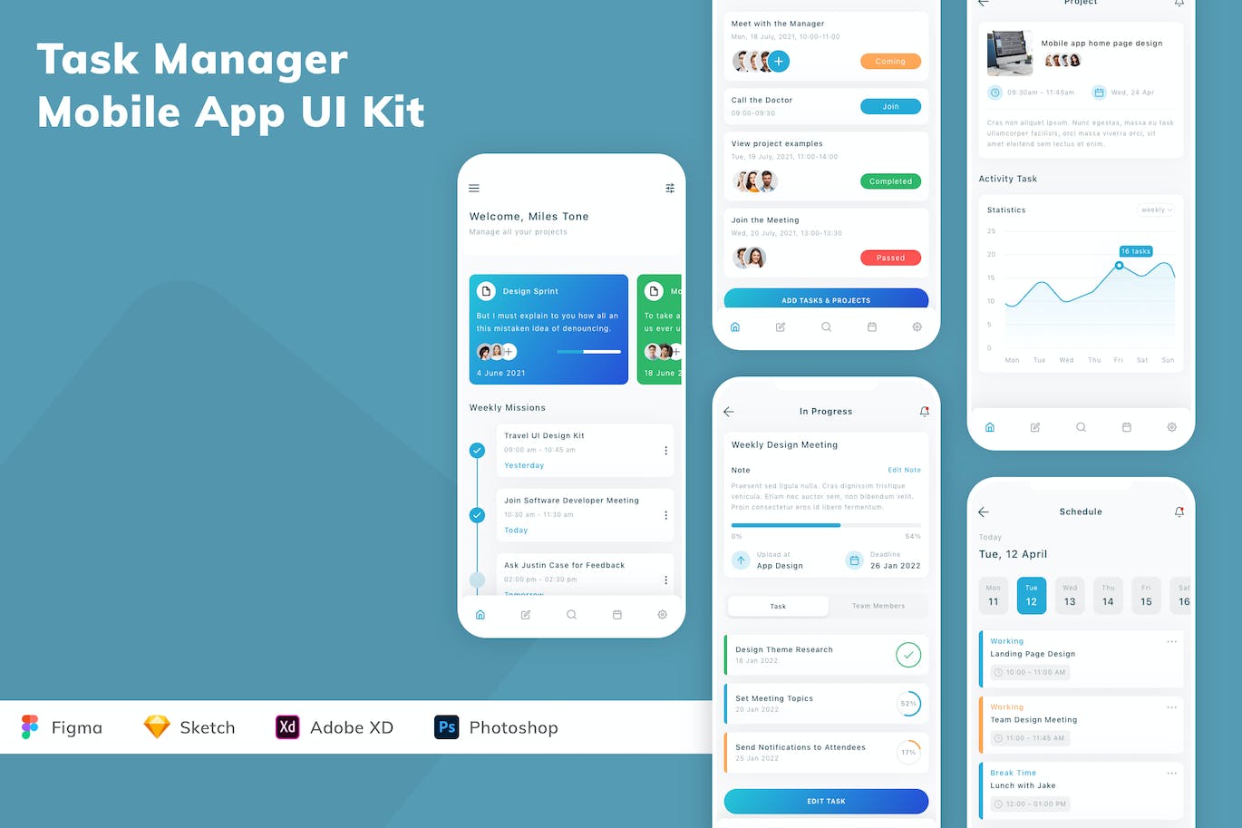 工作任务管理应用程序App界面设计UI套件 Task Manager Mobile App UI Kit APP UI sucaiwan.com