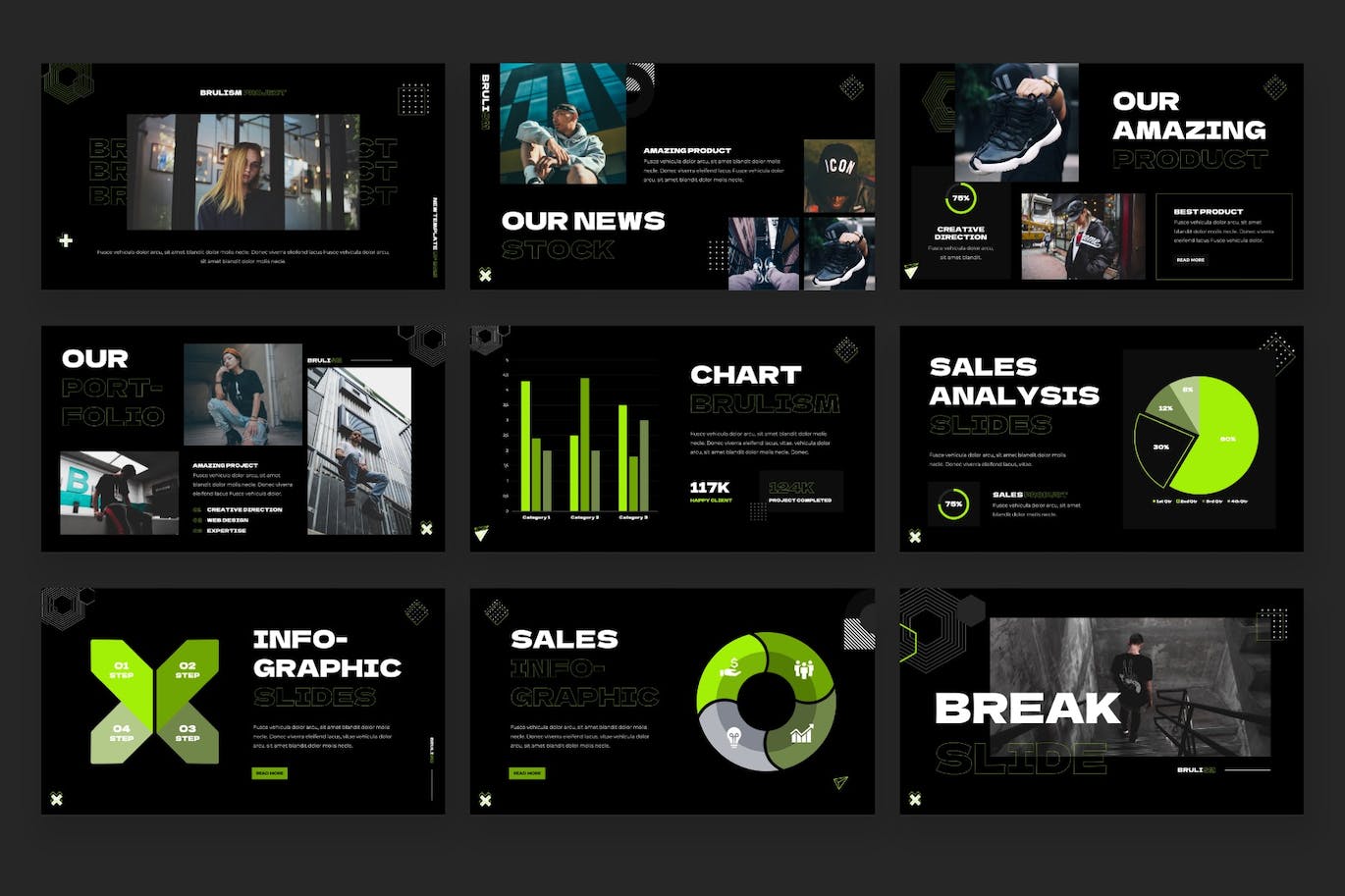抽象充满活力的PPT模板 BRULISM – Abstract Vibrant Powerpoint Template 幻灯图表 sucaiwan.com
