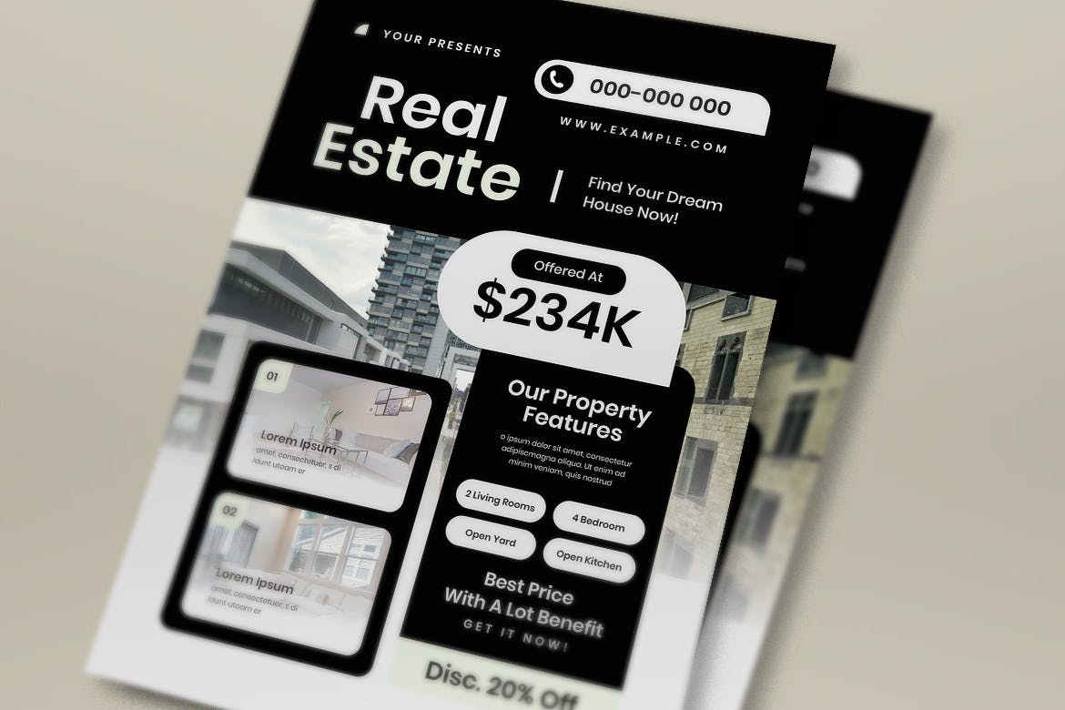 黑色几何图形房地产海报模板下载 Black Geometric Real Estate Flyer Set 设计素材 sucaiwan.com