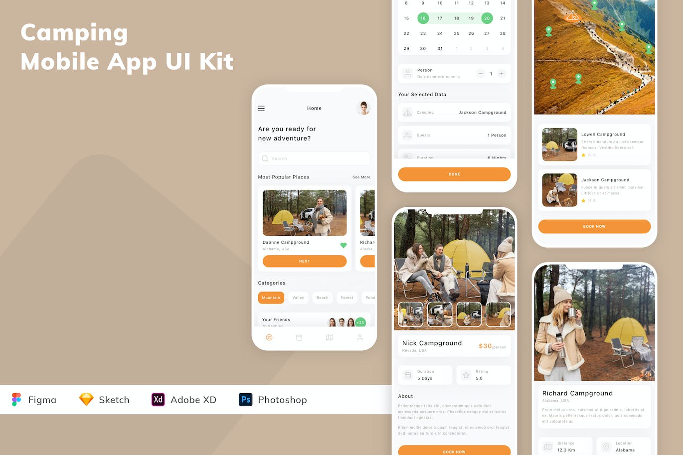 露营旅行App应用程序UI设计模板套件 Camping Mobile App UI Kit APP UI sucaiwan.com