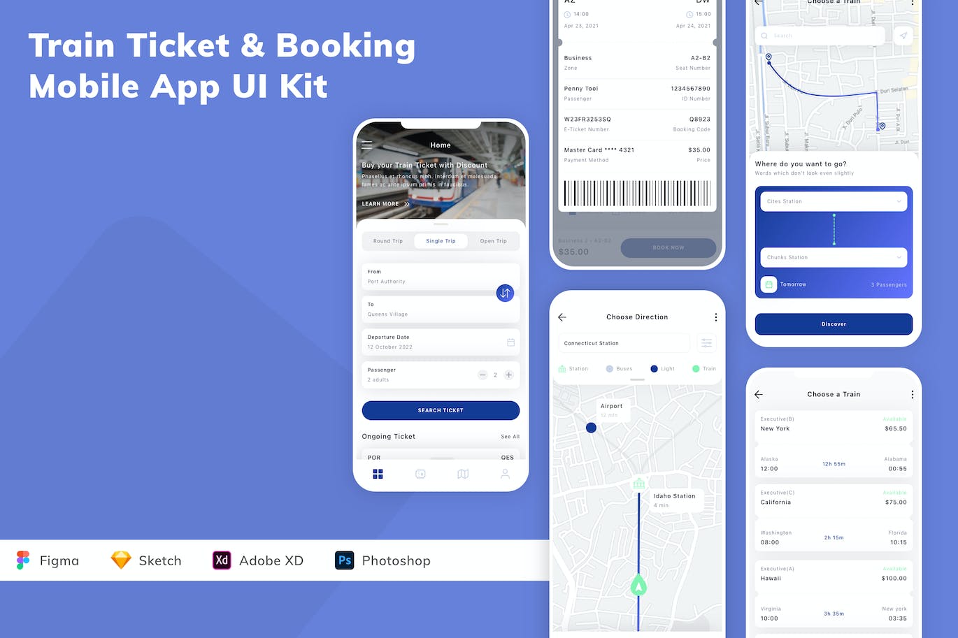 火车票预订App手机应用程序UI设计素材 Train Ticket & Booking Mobile App UI Kit APP UI sucaiwan.com