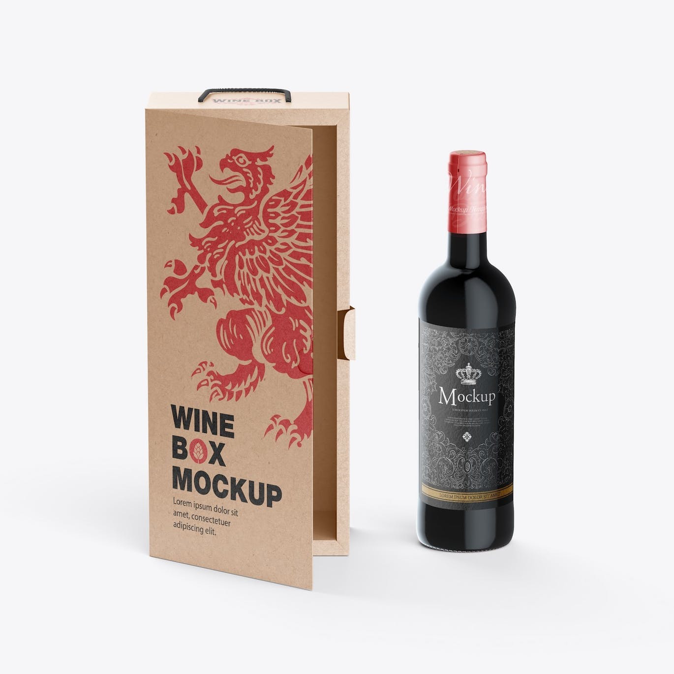 红酒酒瓶纸礼盒品牌包装设计样机 Box with Wine Bottle Mockup 样机素材 sucaiwan.com