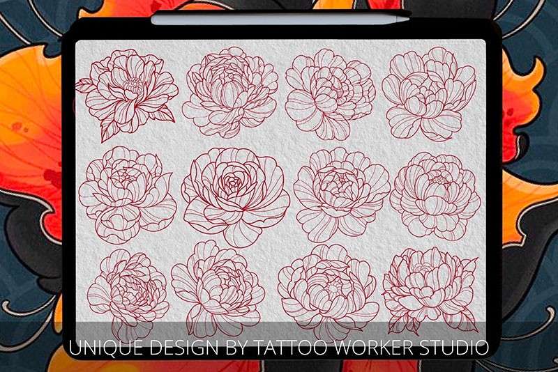 40个牡丹花纹身图案Procreate笔刷 笔刷资源 sucaiwan.com
