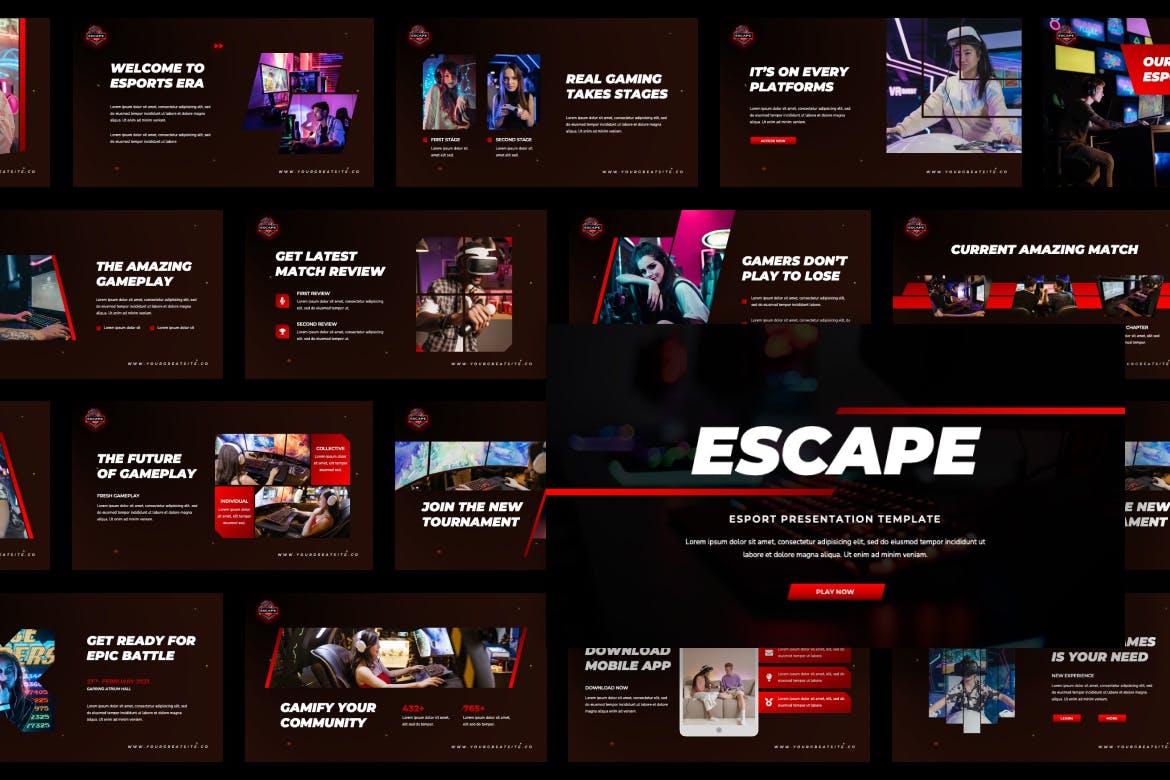 电子竞技推广演示PPT模板 Escape – Esport Presentation Powerpoint 幻灯图表 sucaiwan.com