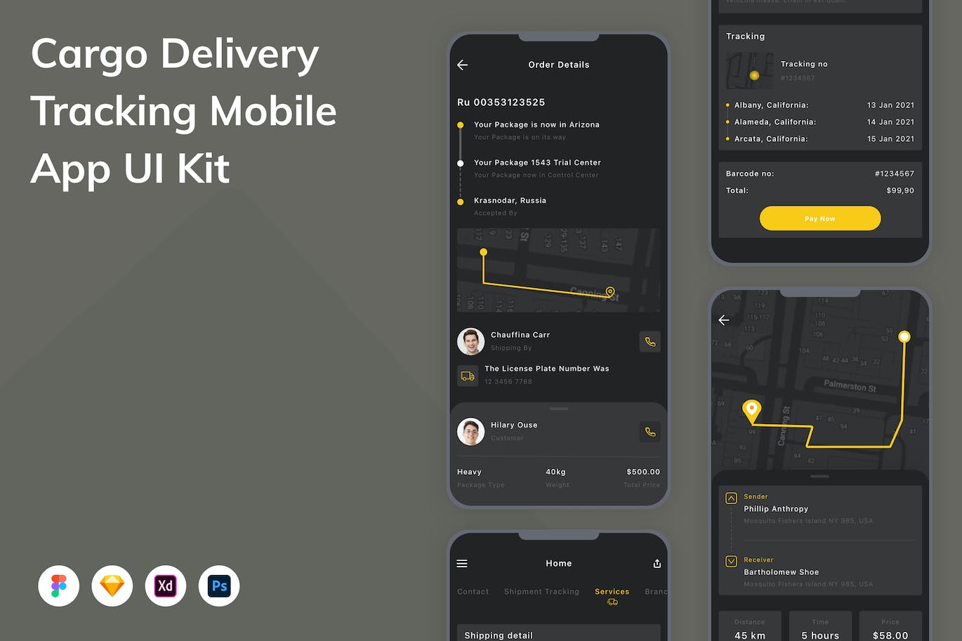 货物交付跟踪App应用程序UI设计模板套件 Cargo Delivery Tracking Mobile App UI Kit APP UI sucaiwan.com