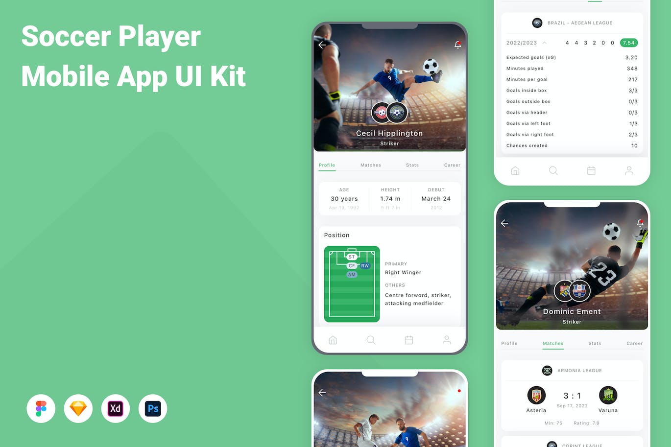 足球运动员信息移动应用程序App设计UI模板 Soccer Player Mobile App UI Kit APP UI sucaiwan.com