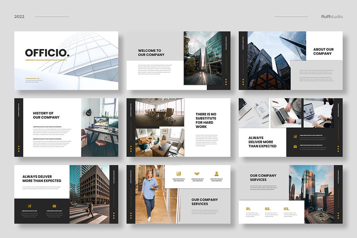 公司业务PowerPoint演示文稿模板 Officio – Corporate PowerPoint Template 幻灯图表 sucaiwan.com