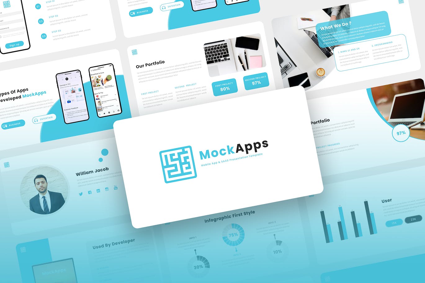 移动应用和SAAS业务Powerpoint模板下载 MockApps – Mobile App PowerPoint Template 幻灯图表 sucaiwan.com